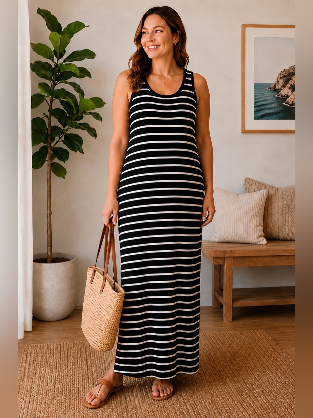 Old Navy Black and White Striped Tank Maxi Dress, Petite L